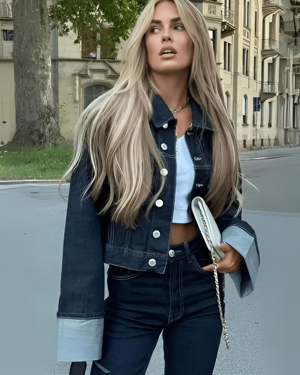 Conjunto vaquero de dos piezas con chaqueta vaquera y pantalón largo - mujer