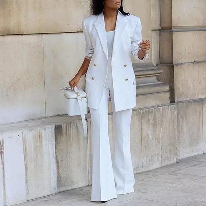 Elegante blazer de mujer con cierre de botones y pantalón acampanado - Conjunto de dos piezas para todas las temporadas
